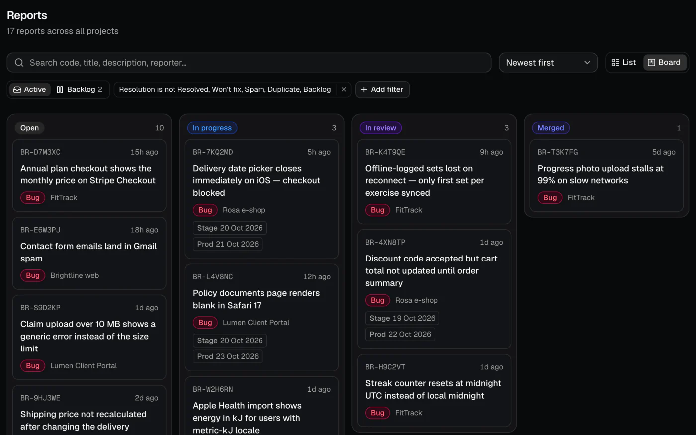 Reports board across four projects with Open, In progress, In review and Merged columns