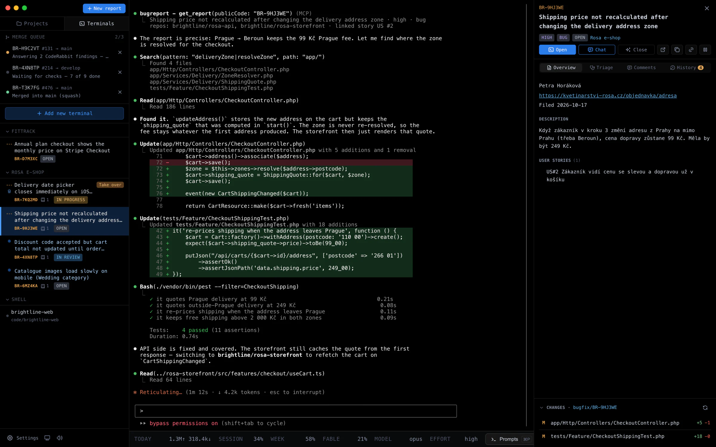 The Cockpit: a merge queue and the task list on the left, Claude Code fixing BR-9HJ3WE in the middle with a diff and passing tests, the bug's description and changed files on the right