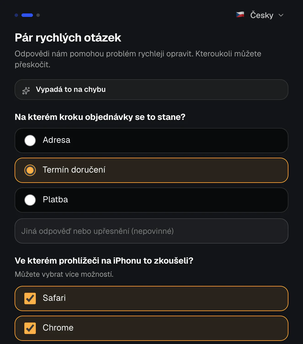 The intake form asking a Czech client AI follow-up questions: which checkout step, which iPhone browser