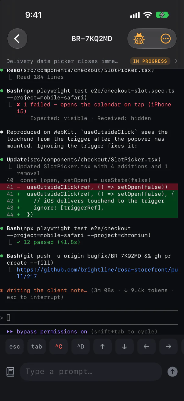 The intake iPhone app following the same Claude Code session for BR-7KQ2MD: failing test, the fix, 12 tests passing, PR opened