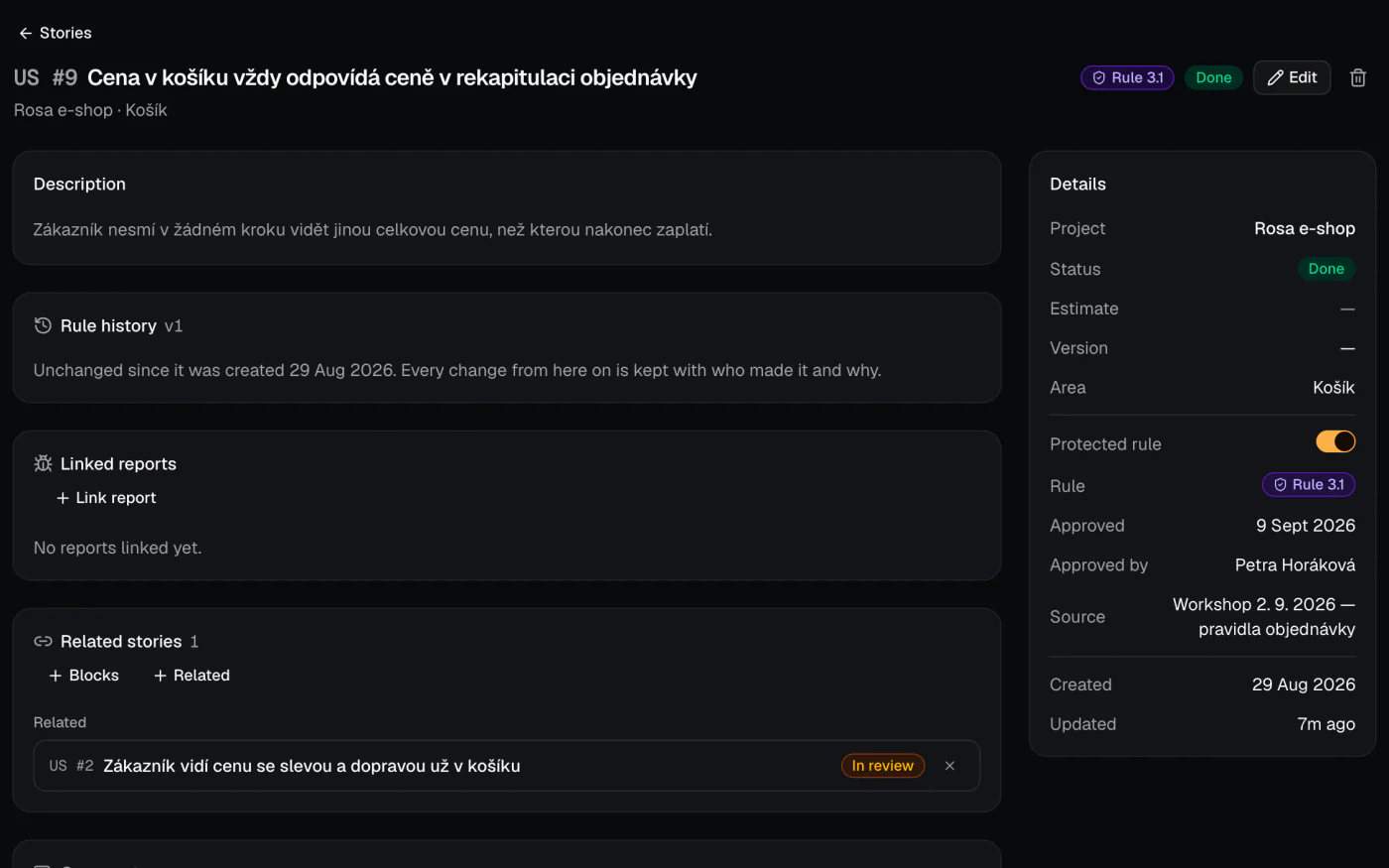 User story US #9 marked as protected rule 3.1, approved by the client, with its rule history