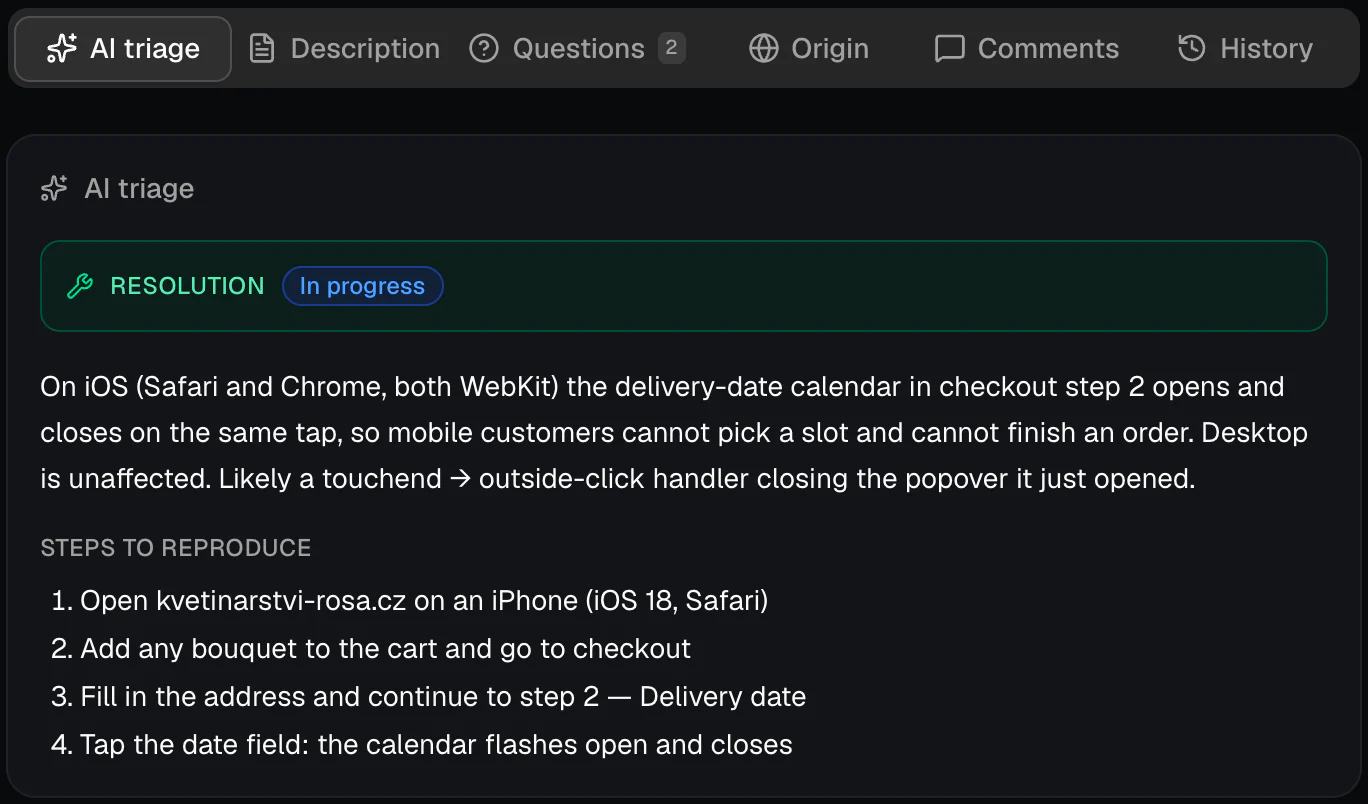 AI triage of BR-7KQ2MD: the iOS delivery-date calendar opens and closes on the same tap, with four steps to reproduce