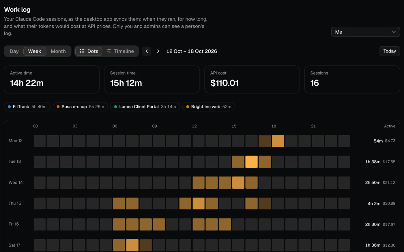 Work log for one week: active time, API cost, sessions per project and an hour-by-hour activity grid